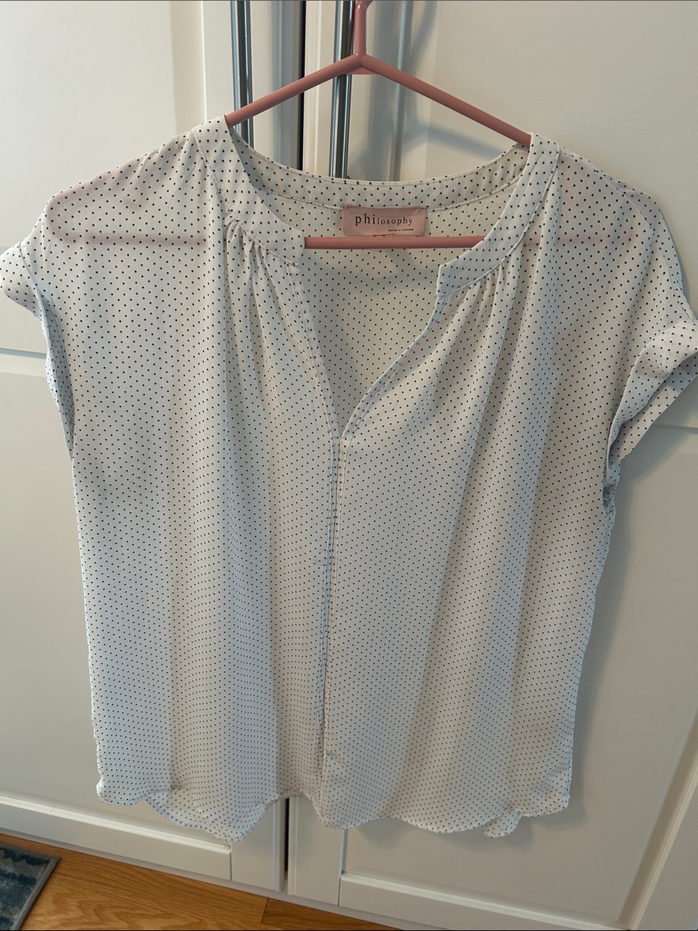 Philosophy White Blouse with Black Dot Print, Cap Sleeve